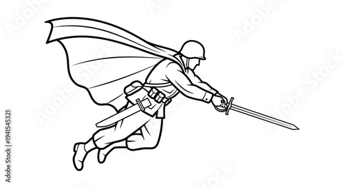 Superhero Soldier Flying with Sword and Cape, Vintage Military Illustration