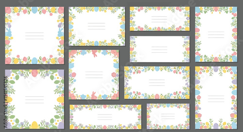 A collection of colorful easter card templates featuring floral designs and blank spaces presented as a grid silhouette high quality professional