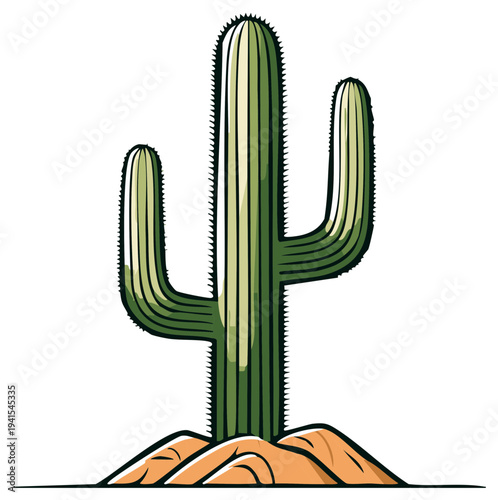 Iconic Saguaro Cactus Plant Growing in Sandy Desert Soil Against a White Background