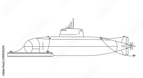 Submarine with towed array sonar system, schematic drawing