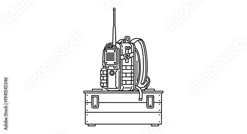 Tactical Backpack with Radio Equipment on Wooden Crate, Military Communication Gear
