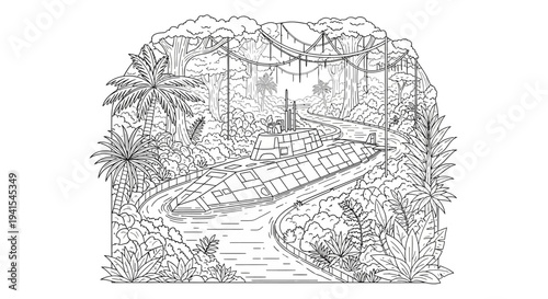 Submarine Navigating a Lush Jungle River with Dense Vegetation and Waterfalls