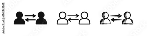 Two people with exchange arrows icon set. Communication, interaction, and peer to peer connection for social networks.