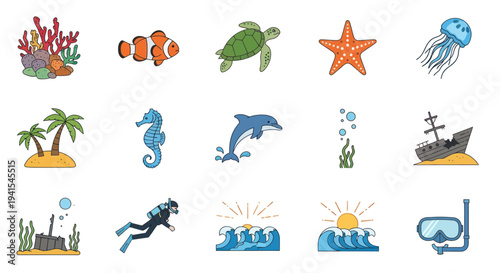 Colorful Flat Design Marine Life and Ocean Activity Icons Set.