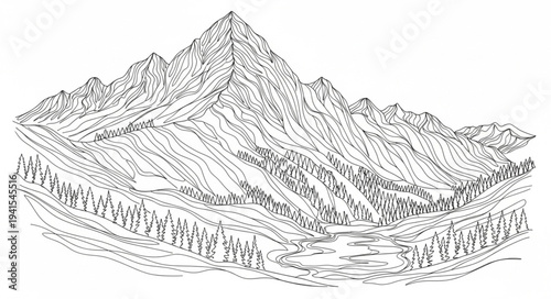 Majestic Mountain Peak with Rugged Terrain and Forested Slopes.