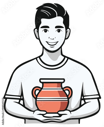 Young man holding ancient pottery with handles and stripes