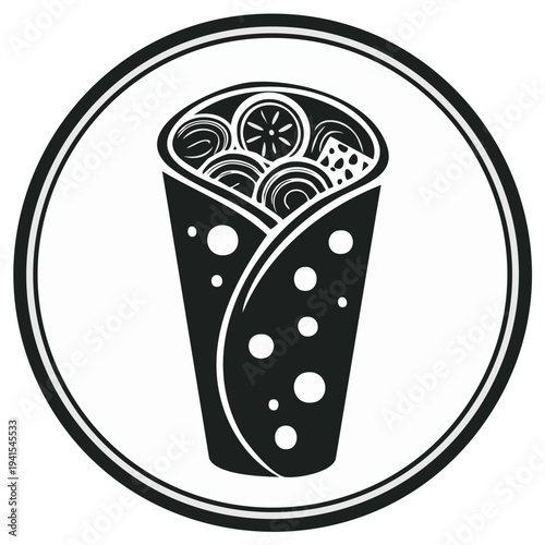 Iconic Vector Illustration of a Delicious Shawarma Wrap, Circular Frame