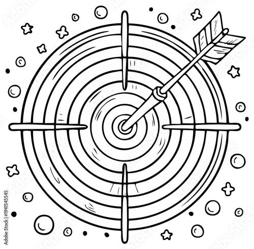 Doodle Style Target with Arrow in Bullseye Perfect Hit Goal Achievement Concept Illustration
