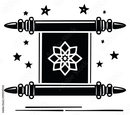 Ancient scroll with mystical star pattern and surrounding celestial elements, symbolic illustration