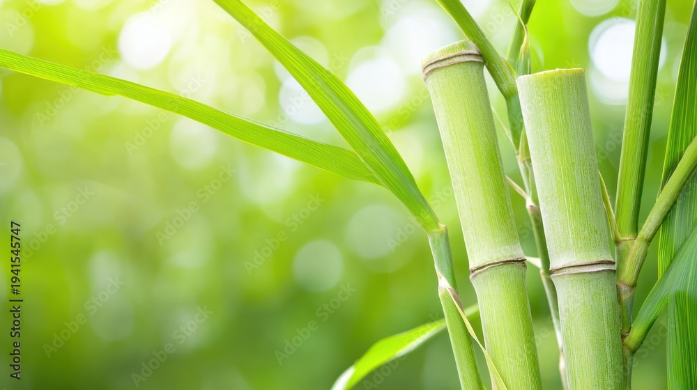 Fototapeta premium Bamboo Bliss: A vibrant close-up showcasing the resilience of bamboo stalks and leaves in a natural environment, illuminated by soft sunlight.