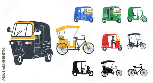 Diverse Asian Auto Rickshaws and Cycle Rickshaws Illustration Set.