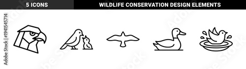 Avian wildlife and ornithology symbols for nature conservation branding. Monoline geometric bird silhouettes featuring eagle, duck, and feeding nesting behaviors.