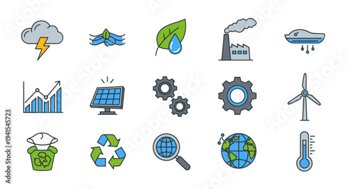 Environmental and Sustainability Icons: Climate Change Renewable Energy and Conservation.