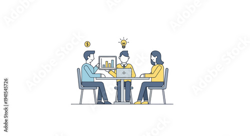 Business meeting with team discussing ideas and charts on a laptop.