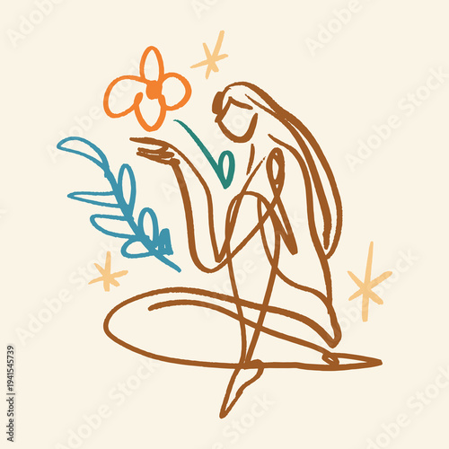 Line logo boho sacred magic woman mystical symbol flat holistic healing meditation, reiki new age concept modern abstract silhouette divine feminine botanical silhouette vector moon child mystical