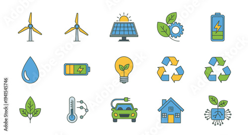 Collection of Colorful Eco-Friendly Energy and Sustainability Icons.