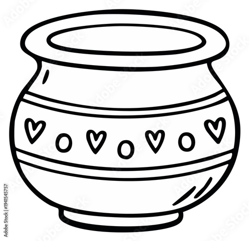 Outlined decorative pot illustration with heart and circle patterns