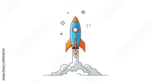 Cartoon Rocket Ship Launching with Fiery Exhaust and Stars.