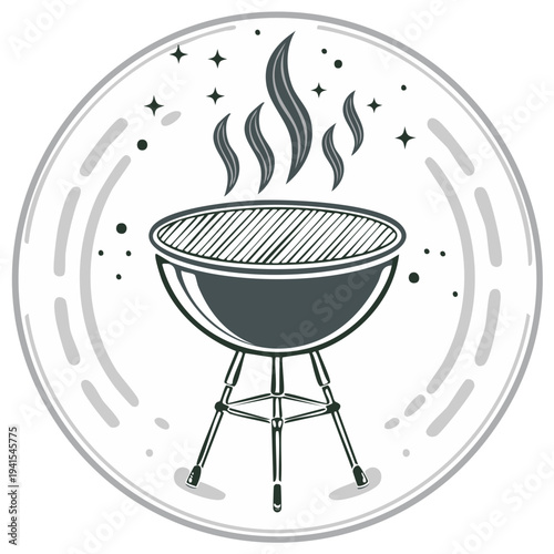 Grill icon illustration shows flames, smoke and stars for a summer barbeque event