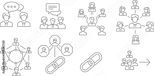 Set of 8 Outline Vector Icons for Business Communication, Social Network, Teamwork, and Connection Concepts, Ideal for Website UI/UX and Marketing Materials isolated PNG with Transparent