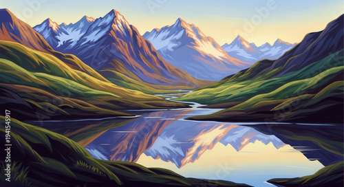 Scenic Mountain Landscape with Reflective Lake and Green Valleys.