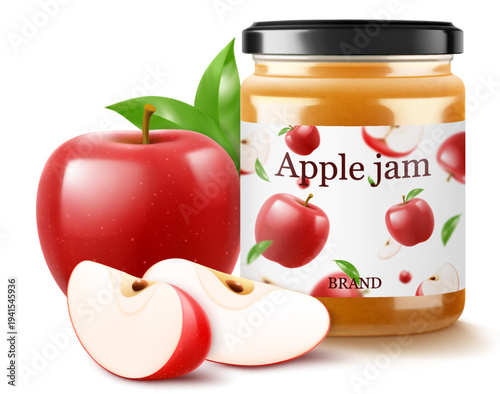 Jar with apple jam isolated on white background. Homemade apple jam in a glass jar. Realistic 3d vector illustration. Mockup for your brand.