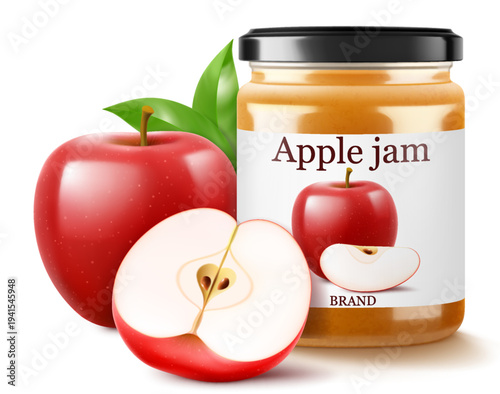 Jar with apple jam isolated on white background. Homemade apple jam in a glass jar. Realistic 3d vector illustration. Mockup for your brand.
