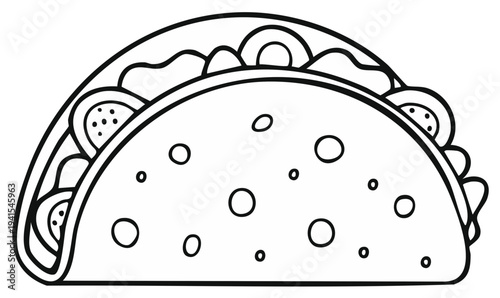 Black and white illustration of a taco with fillings, outline.