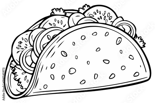 Black and white illustration of a filled taco