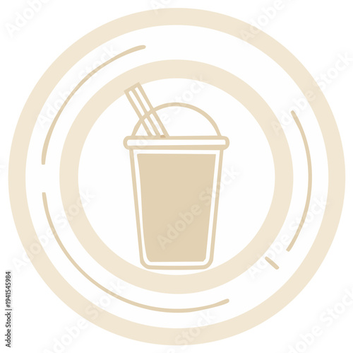 Iced beverage in container with straw, circle design element, cream color