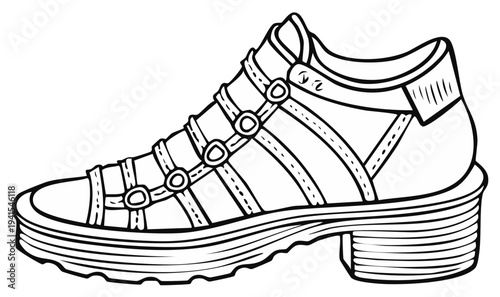 Stylish Black and White Fashion Footwear Outline With Straps and Chunky Heel