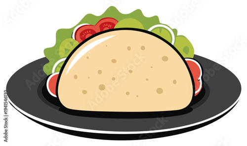 Taco on dark plate filled with fresh lettuce, tomatoes, and onions in clean, geometric vector style