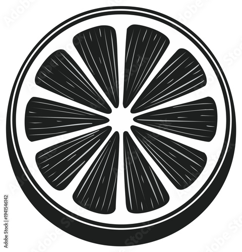 Stylized Black and White Citrus Slice Icon with Radial Segments and Outline