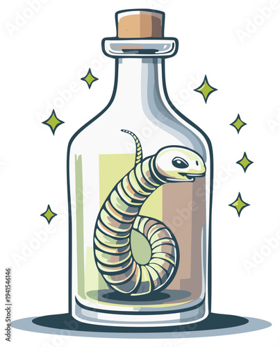 Cartoon snake in a glass bottle with cork stopper and decorative sparkle.