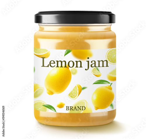Lemon jam in glass jar and fresh lemons isolated on a white background. Glass of lemon marmalade design element. Lemon curd jar icon set. Realistic3d vector illustration.