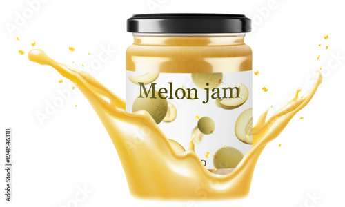 Glass jar with Melon jam or confiture in a splash of Melon juice, isolated on white background. Homemade fruit berry preserve, Drinks and food. Sweets. Toppings. Realistic 3d vector illustration