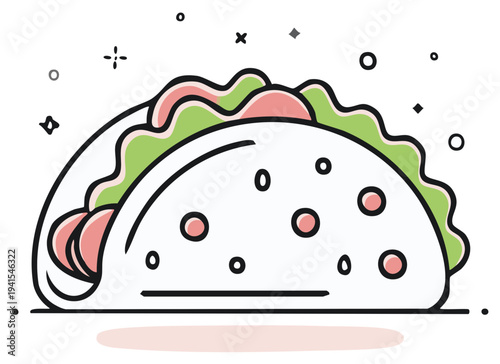 Taco Filled With Meats and Veggies Cute Cartoon Style Isolated on White Background