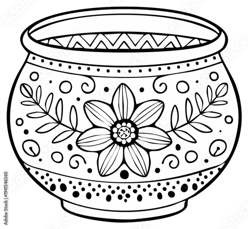 Decorative Outline of a Folk Art Ceramic Pot with Floral and Geometric Patterns
