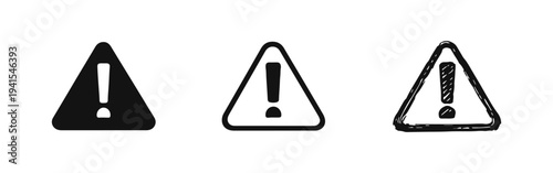 Warning sign icon set in multiple styles, including solid, outlined, and hand-drawn versions for alert and danger symbols.