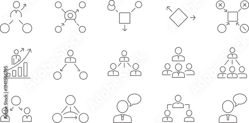Set of 15 Business Organization and Communication Line Icons Vector for Hierarchy, Network, Management, and Teamwork Concepts isolated PNG with Transparent Background