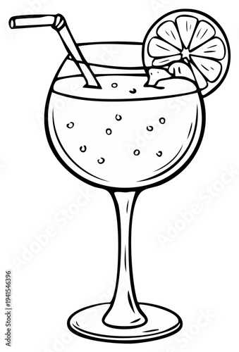 Hand drawn sketch of a refreshing cocktail with straw and lemon slice garnish
