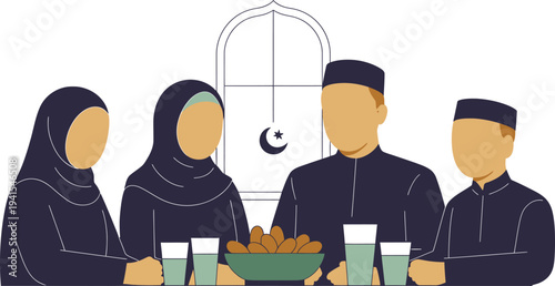 Happy muslim family ramadan kareem iftar celebration dinner traditional islamic culture vector