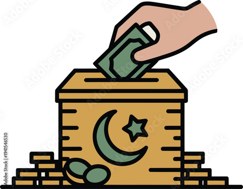 Hand putting money into a zakat donation box with islamic crescent and star symbol