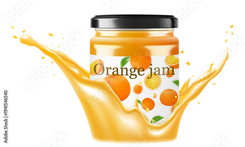Glass Jar of orange jam in a splash of orange juice isolated on white background. Bottle of citrus jam or juice. Grapefruit extract. drinks and food. Sweets. Toppings