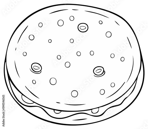 Illustrated Line Art of a Round Flatbread with Toppings