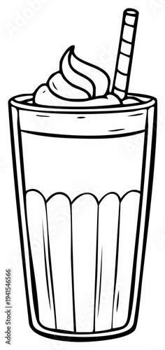 Outline drawing of a milkshake in a tall glass with whipped cream and a striped straw