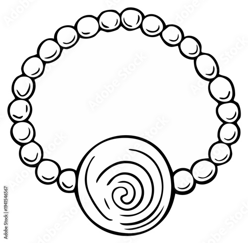 Hand drawn sketch of a beaded bracelet with a large circular pendant featuring a spiral design