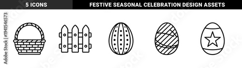 Easter celebration and springtime gardening linear elements featuring decorated eggs, woven basket, and picket fence. Thick monoline black and white festive graphics.