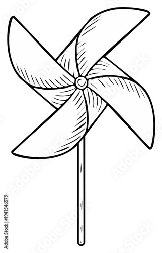 Black and white drawing of a pinwheel toy spinning on a stick, simple outline art