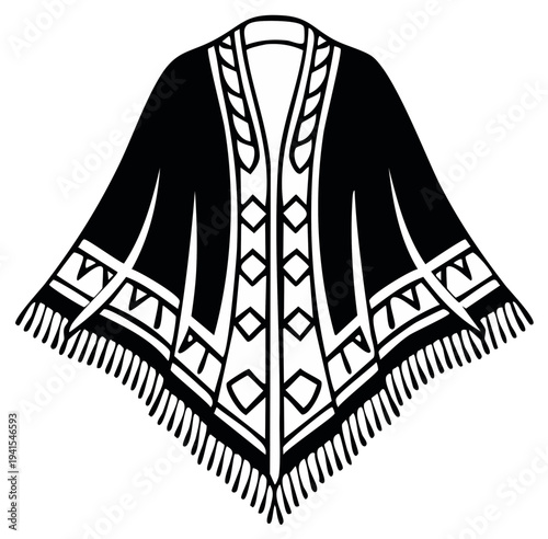 Black and white vector illustration of a traditional poncho with decorative trim and fringe.